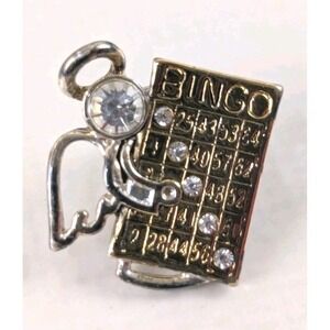 Bingo Brooch Pin Rhinestone Silver Gold Tone Card Game Novelty